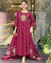 Maroon Peacock Embroidered Anarkali Set
