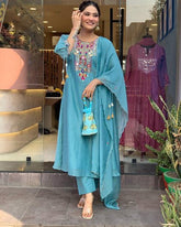 EKRIA Teal Charm Cotton Embroidered Suit Se - EKRIA