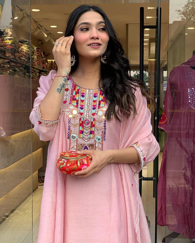 Blush Pink Cotton Embroidered Suit Set