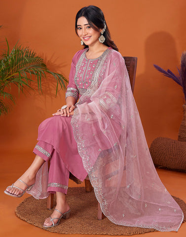 Mauve Elegance Embroidered Suit Set