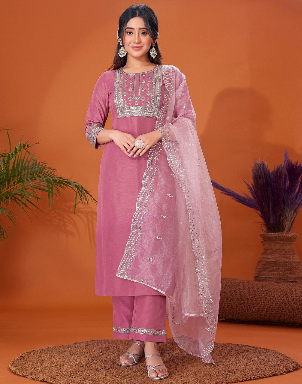 Mauve Elegance Embroidered Suit Set