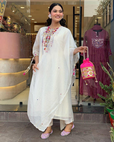 Ivory Elegance Cotton Embroidered Suit Set