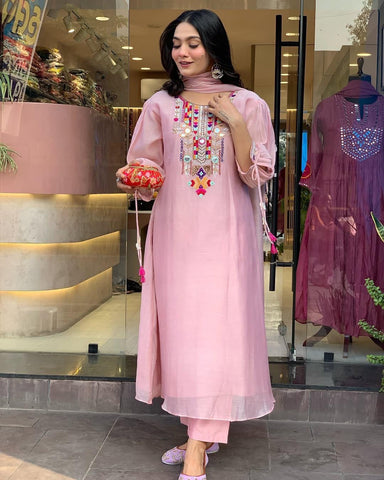 Blush Pink Cotton Embroidered Suit Set