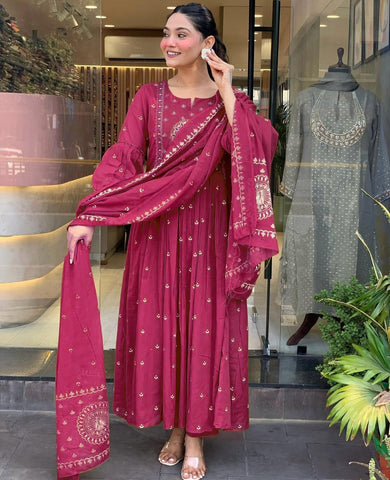 Maroon Peacock Embroidered Anarkali Set