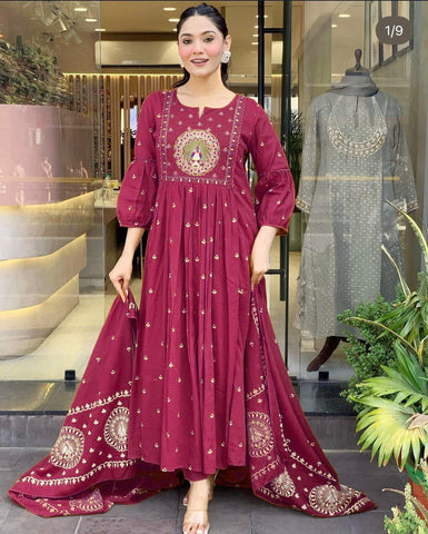 Maroon Peacock Embroidered Anarkali Set