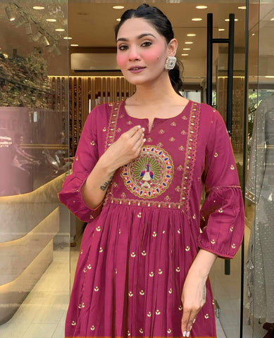 Maroon Peacock Embroidered Anarkali Set