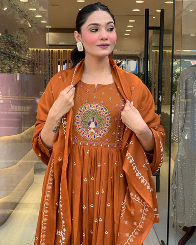 Rust Orange Hand-Embroidered Anarkali Set