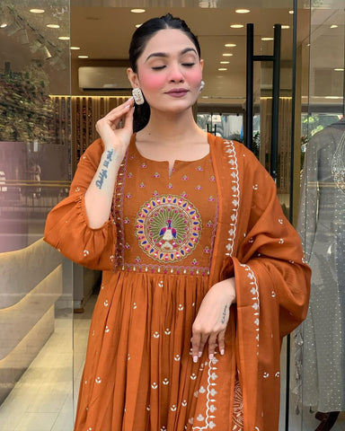 Rust Orange Hand-Embroidered Anarkali Set