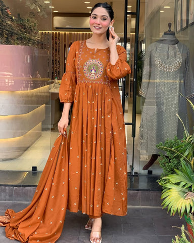 Rust Orange Hand-Embroidered Anarkali Set