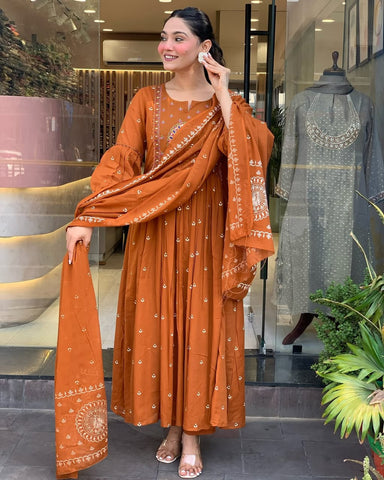Rust Orange Hand-Embroidered Anarkali Set