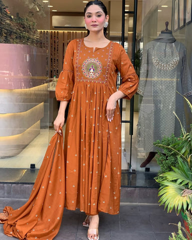 Rust Orange Hand-Embroidered Anarkali Set