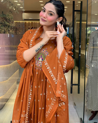 Rust Orange Hand-Embroidered Anarkali Set