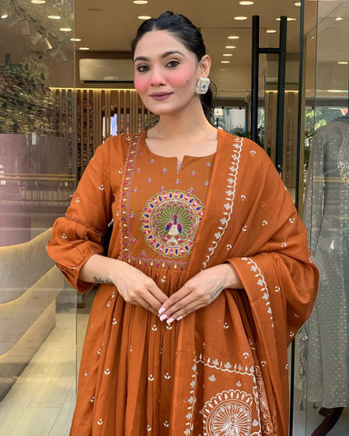 Rust Orange Hand-Embroidered Anarkali Set