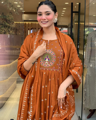Rust Orange Hand-Embroidered Anarkali Set