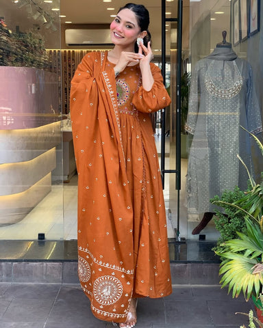 Rust Orange Hand-Embroidered Anarkali Set