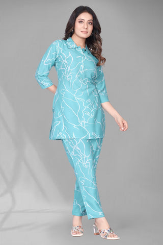 EKRIA Aqua Line Art Cotton Co - ord Suit Set - EKRIA
