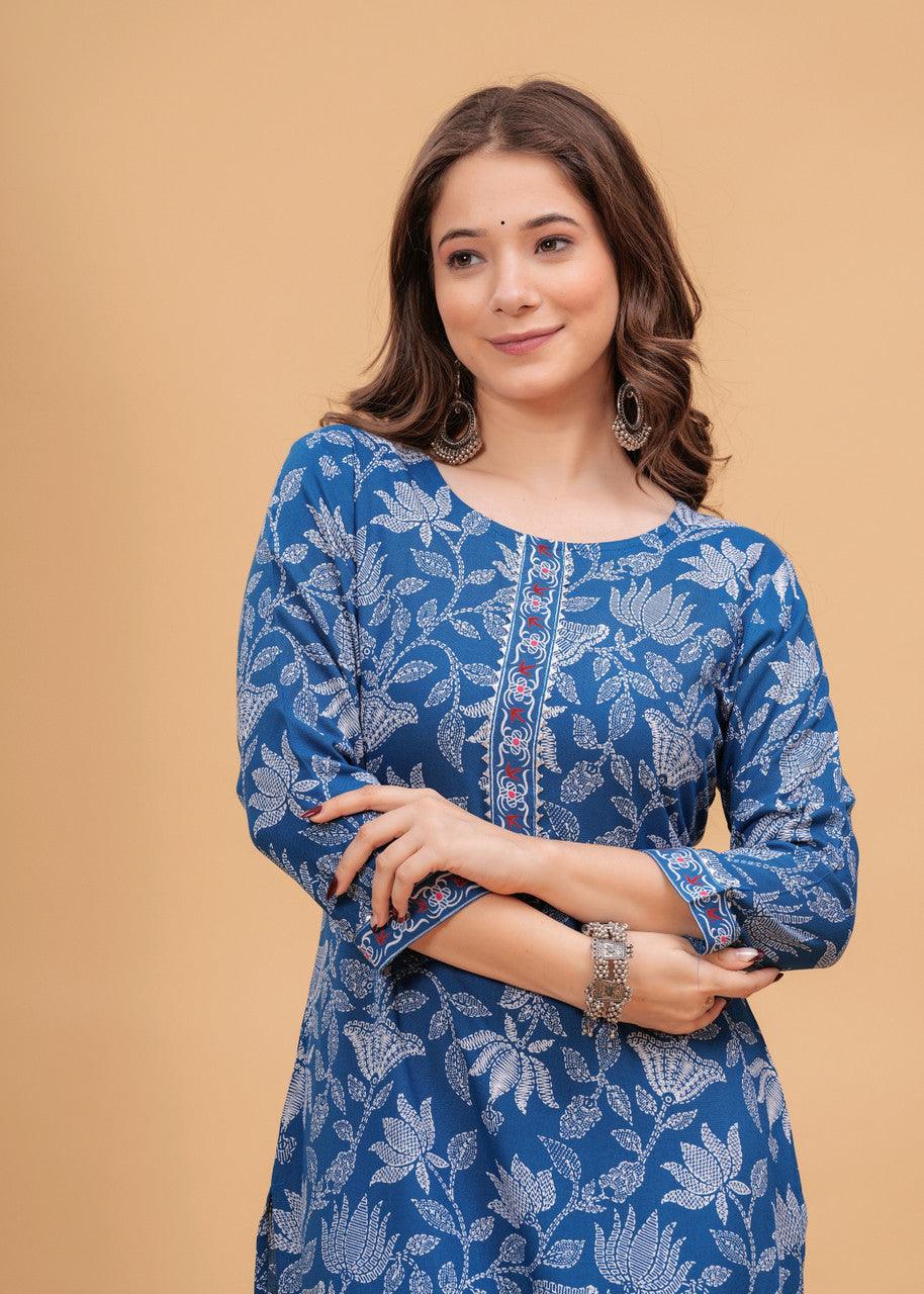 EKRIA Blue Leaf Print Cotton Kurta Set - EKRIA
