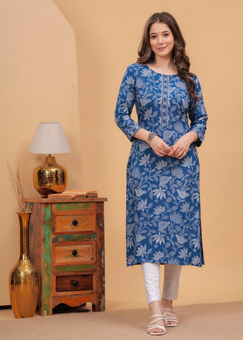 EKRIA Blue Leaf Print Cotton Kurta Set - EKRIA