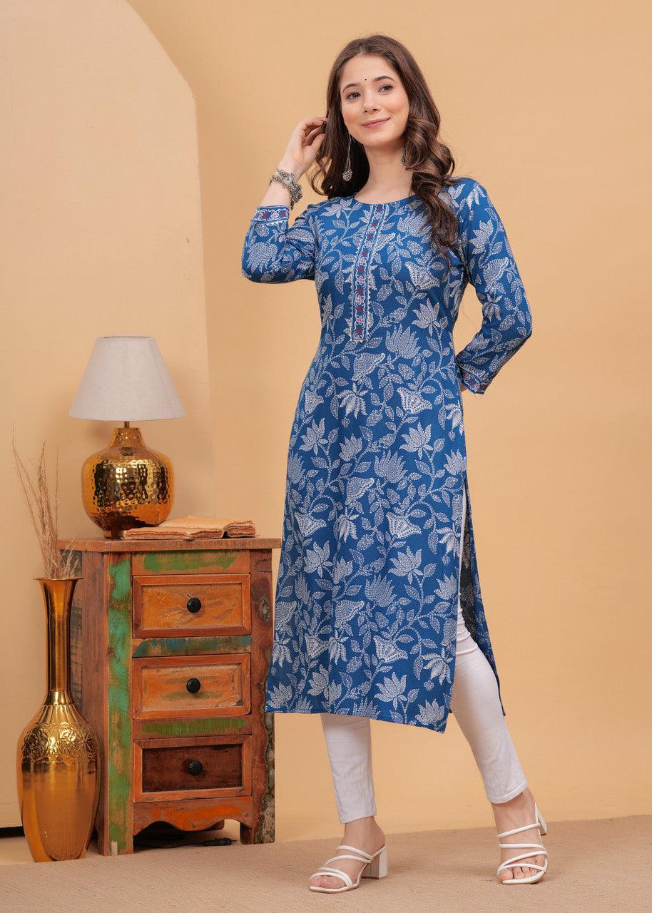 EKRIA Blue Leaf Print Cotton Kurta Set - EKRIA