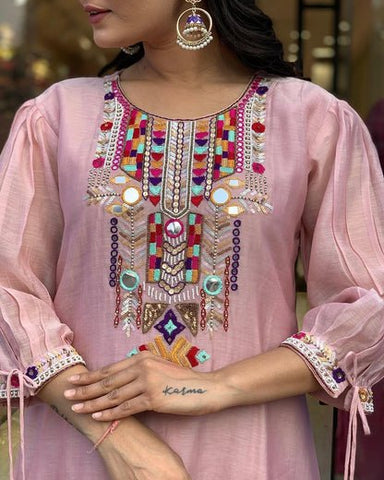 EKRIA Blush Pink Cotton Embroidered Suit Set - EKRIA