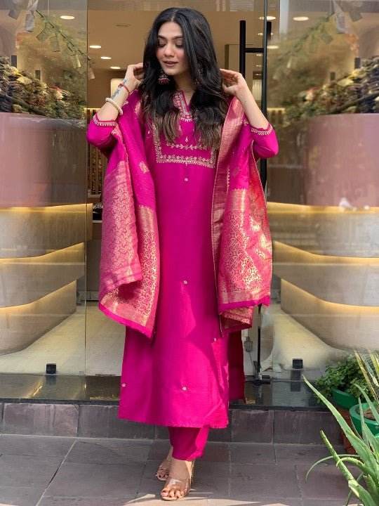 EKRIA Fuchsia Silk Embroidered Suit Set with Banarasi Dupatta - EKRIA