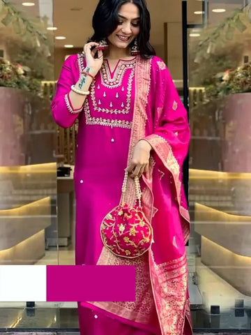 EKRIA Fuchsia Silk Embroidered Suit Set with Banarasi Dupatta - EKRIA