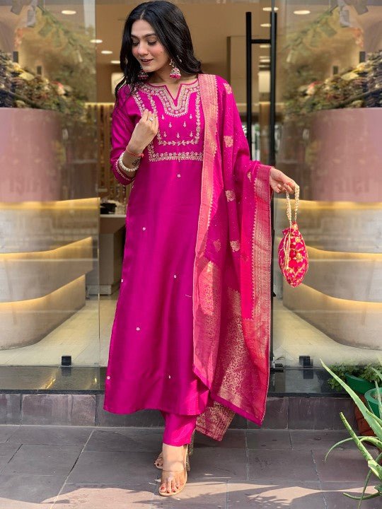 EKRIA Fuchsia Silk Embroidered Suit Set with Banarasi Dupatta - EKRIA