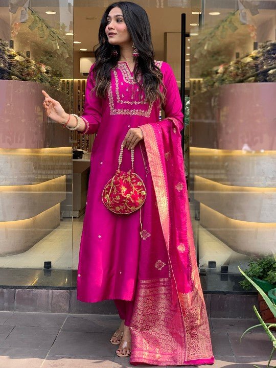 EKRIA Fuchsia Silk Embroidered Suit Set with Banarasi Dupatta - EKRIA