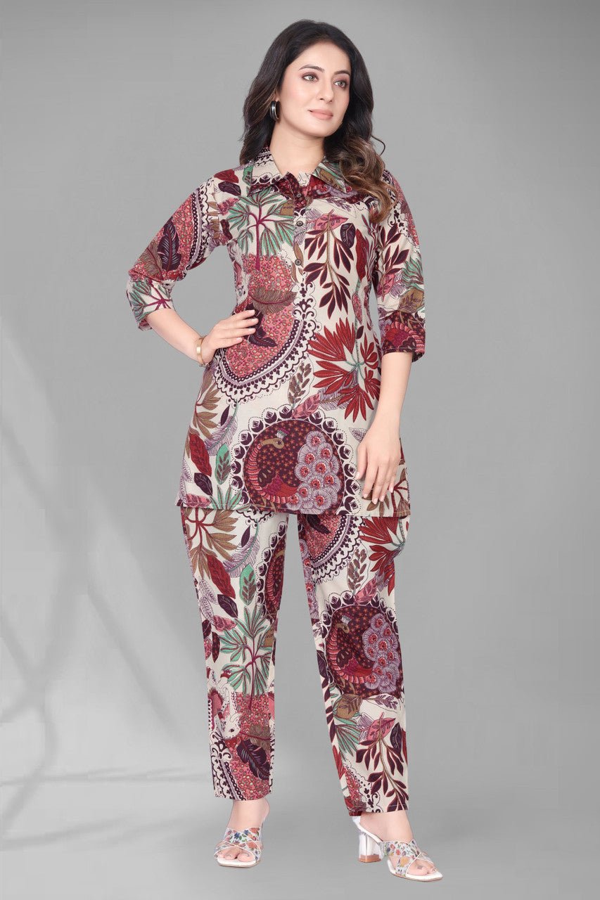 EKRIA Maroon Botanical Cotton Co - ord Suit Set - EKRIA