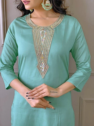 EKRIA Mint Green Floral Elegance Cotton Suit Set - EKRIA
