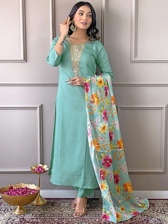 EKRIA Mint Green Floral Elegance Cotton Suit Set - EKRIA