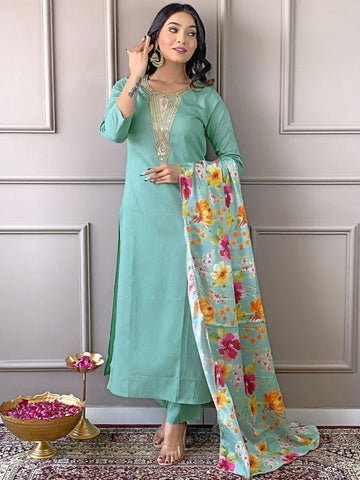 EKRIA Mint Green Floral Elegance Cotton Suit Set - EKRIA
