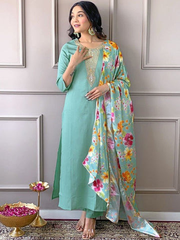 EKRIA Mint Green Floral Elegance Cotton Suit Set - EKRIA