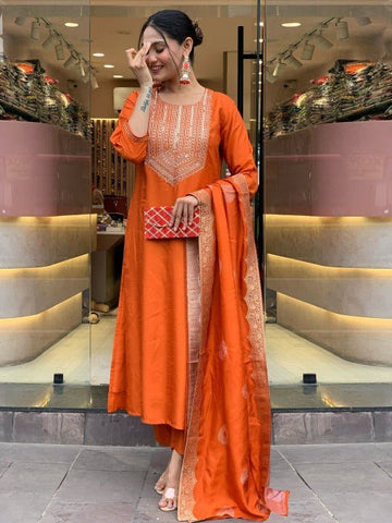EKRIA Tangerine Silk Embroidered Anarkali Suit Set - EKRIA
