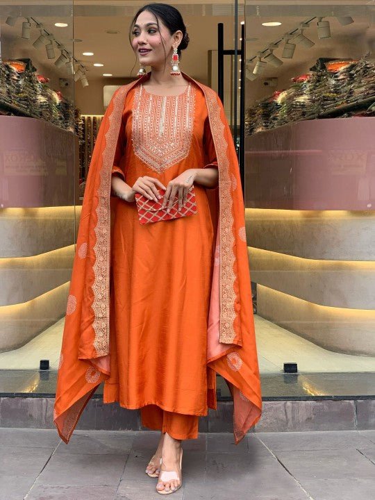 EKRIA Tangerine Silk Embroidered Anarkali Suit Set - EKRIA