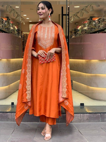 EKRIA Tangerine Silk Embroidered Anarkali Suit Set - EKRIA