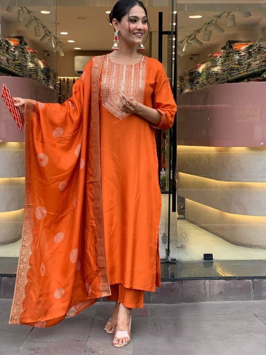 EKRIA Tangerine Silk Embroidered Anarkali Suit Set - EKRIA