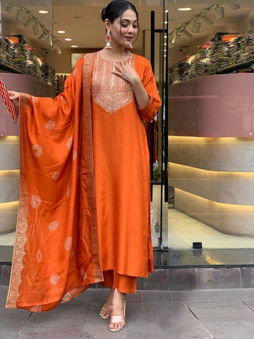 EKRIA Tangerine Silk Embroidered Anarkali Suit Set - EKRIA