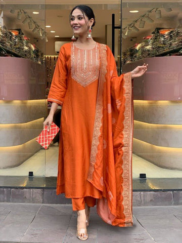 EKRIA Tangerine Silk Embroidered Anarkali Suit Set - EKRIA