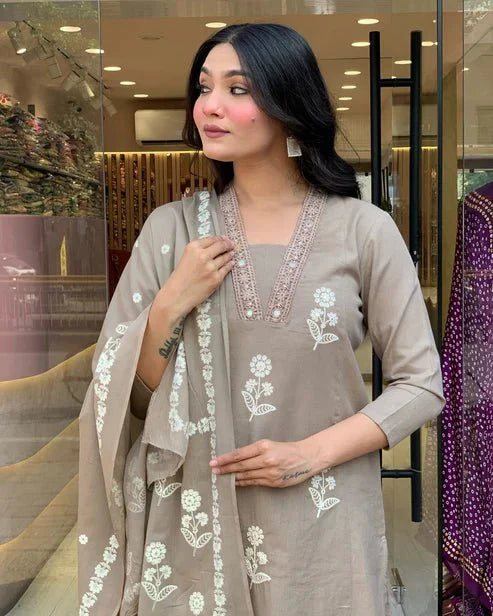 EKRIA Taupe Floral Embroidered Cotton Suit Set with Dupatta - EKRIA