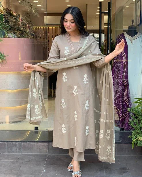 EKRIA Taupe Floral Embroidered Cotton Suit Set with Dupatta - EKRIA