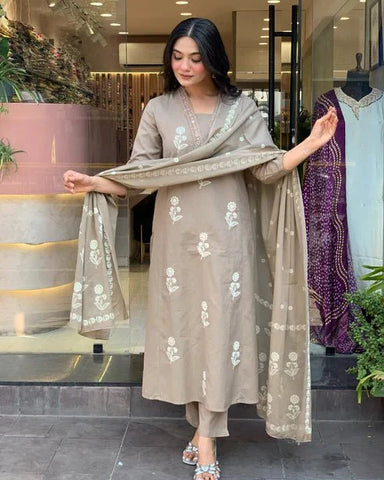EKRIA Taupe Floral Embroidered Cotton Suit Set with Dupatta - EKRIA