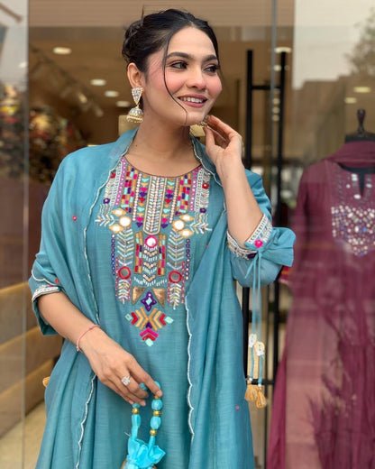 EKRIA Teal Charm Cotton Embroidered Suit Se - EKRIA