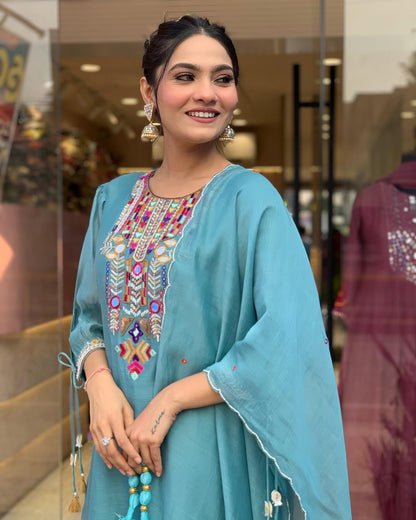 EKRIA Teal Charm Cotton Embroidered Suit Se - EKRIA