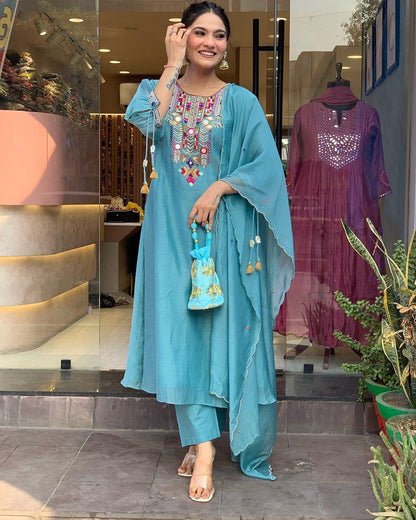 EKRIA Teal Charm Cotton Embroidered Suit Se - EKRIA