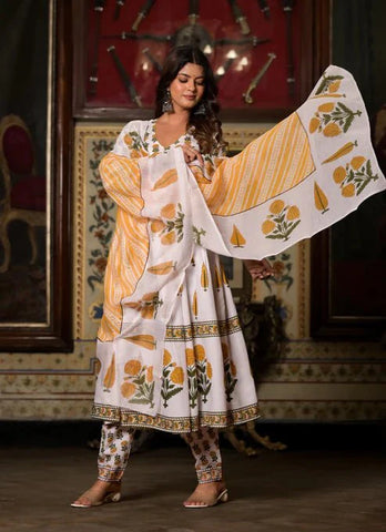 EKRIA White & Mustard Floral Printed Anarkali Set - EKRIA