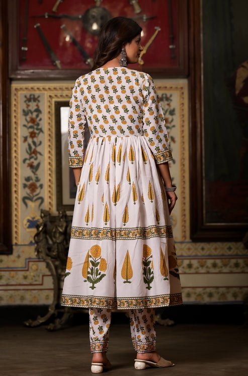 EKRIA White & Mustard Floral Printed Anarkali Set - EKRIA