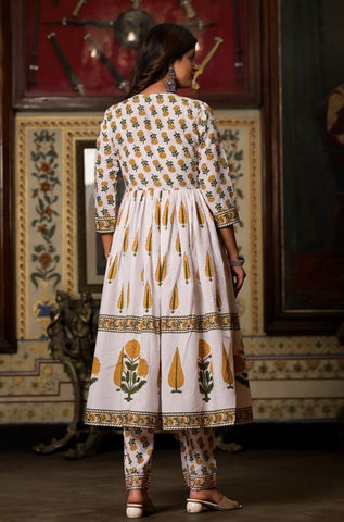 EKRIA White & Mustard Floral Printed Anarkali Set - EKRIA
