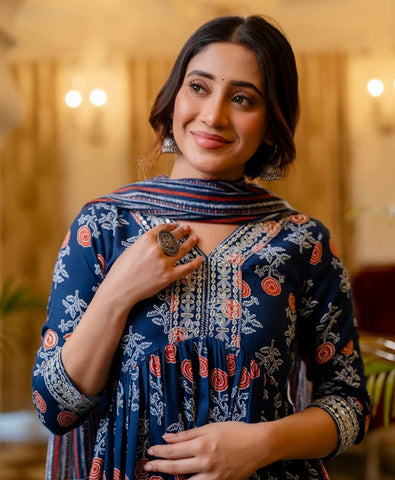 Indigo Cotton Printed Suit Set