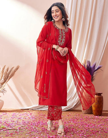 Red Embroidered Festive Suit Set